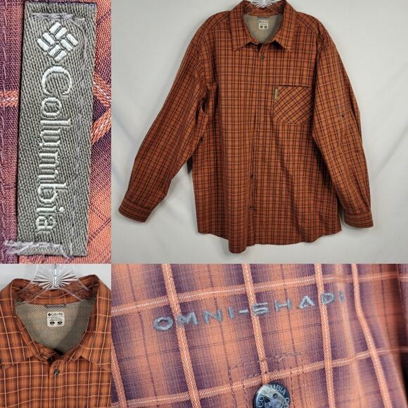 XLT COLUMBIA Omni Shade plaid brown orange outdoor PFG long sleeve SHIRT XL TALL - Picture 1 of 16